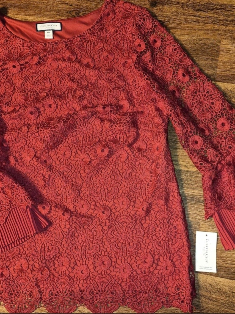 Charter Club Red Floral Lace Long Sleeve Blouse